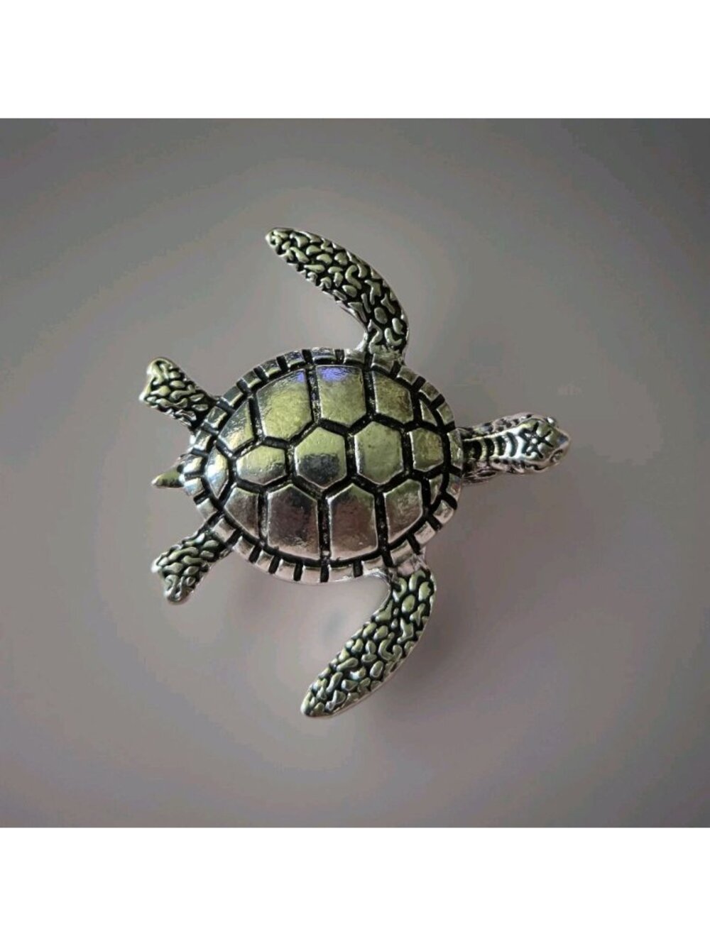Vintage Silver Tone Sea Turtle Brooch Textured Metallic Tortoise Coastal Pin